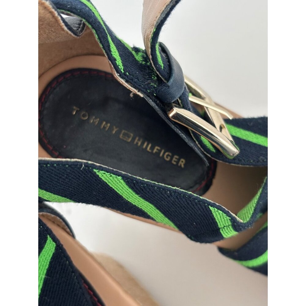 Tommy Hilfiger Sandals 10 Wedge Navy Green Striped Espadrille Preppy Nautical - Picture 14 of 16